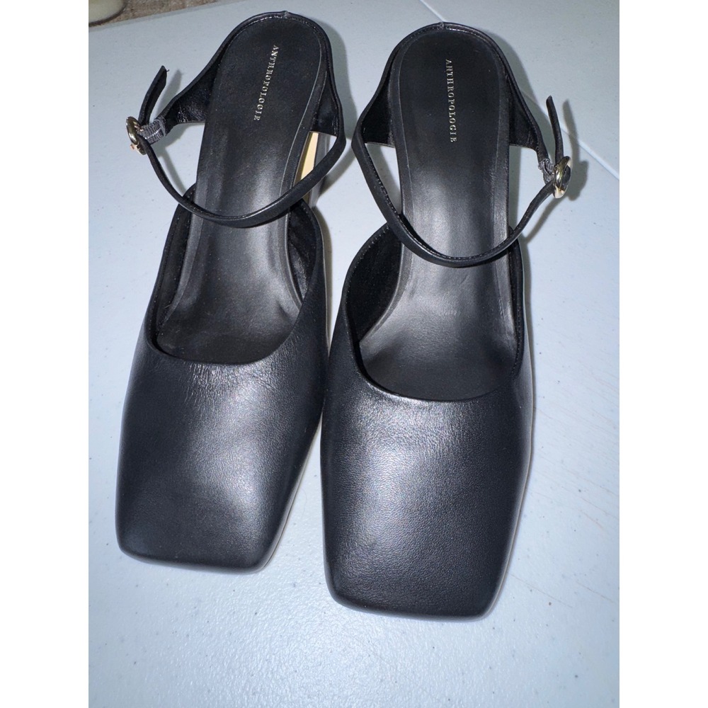 Anthropologie Black Leather Square Toe Mary Jane Block Heels Size 7 MadeinBrazil
